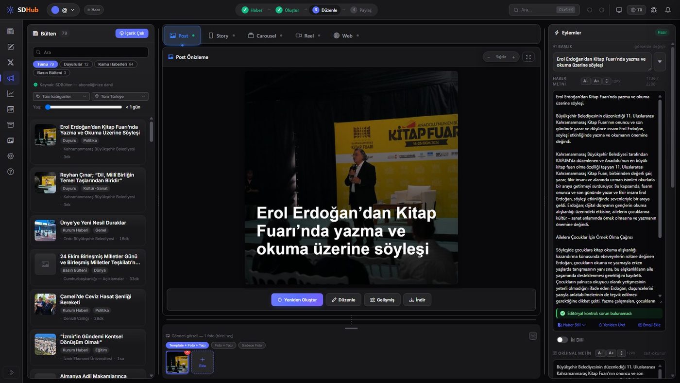 SDHub ana ekranı: haber akışı, post önizlemesi ve haber metni